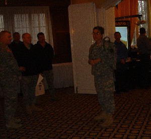 Col. Michelle Fraley, USA, chapter president, opens the VIP tour at the January tech expo. Col. Fraley recognized local volunteers and student attendees and thanked all participants for their hard work. 